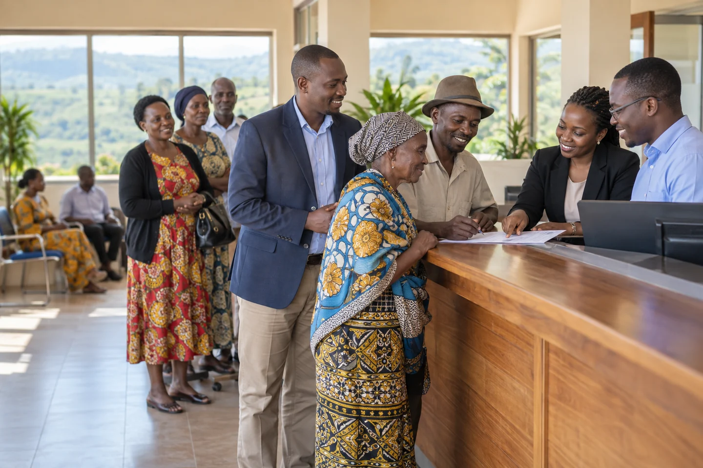 Abaturage bari kumwe n’abayobozi bahabwa serivisi n’abakozi.